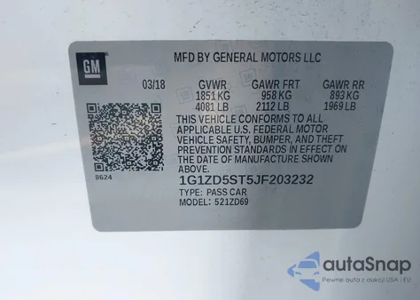 2018 Chevrolet Malibu Lt из США, поврежденный, VIN 1G1ZD5ST5JF203232